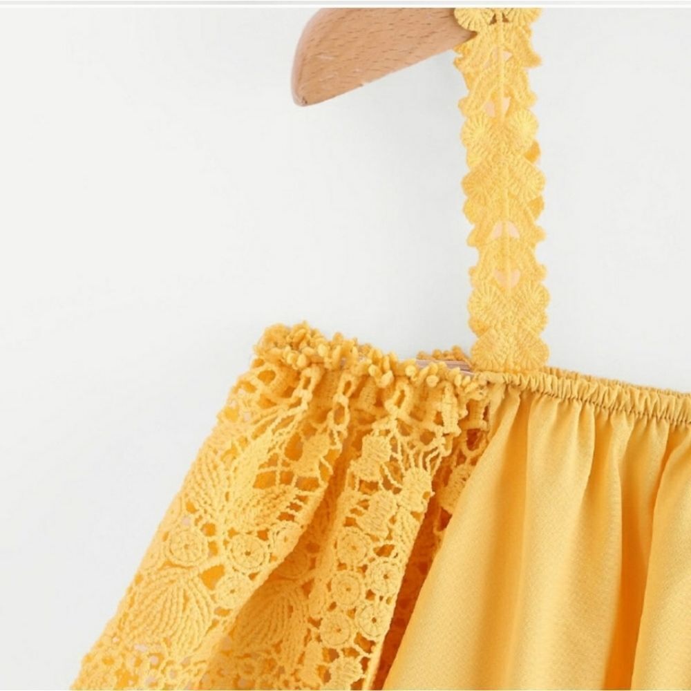 Yellow Off Shoulder Spaghetti Strap Lace Top - Picture 3 of 4